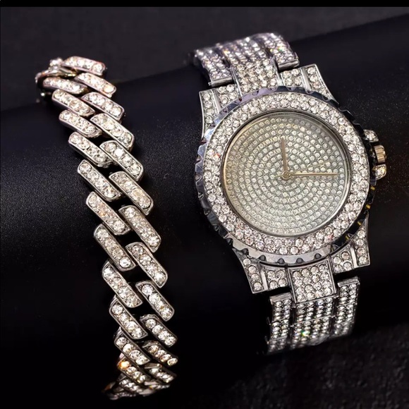 New silver bling icy watch & bracelet set hip hop cuban punk rock rap jewelry